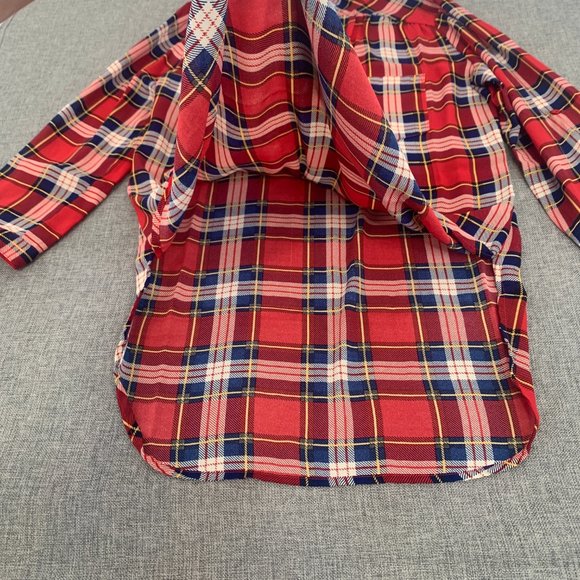 Cals Red Plaid Long Half Button Shirt Oversized Lightweight Top Small Semi-Sheer - Picture 4 of 12